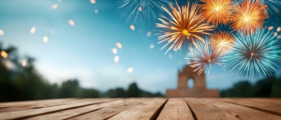 Poster - Breathtaking fireworks display erupting in a colorful cascade of light above a renowned landmark creating a captivating and unforgettable spectacle during a grand festival
