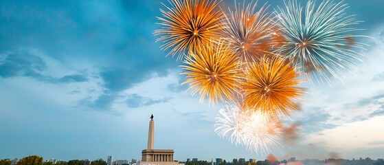 Poster - Dramatic fireworks finale with colorful explosions filling the sky and illuminating a famous landmark during a grand festival display
