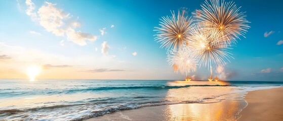 Poster - Breathtaking Seaside Fireworks Festival with Colorful Explosions Lighting Up the Magical Night Sky and Shimmering Ocean Reflections Creating a Captivating Coastal