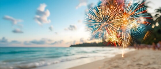 Poster - Bright colorful fireworks bursting over the tranquil ocean during a lively beach festival