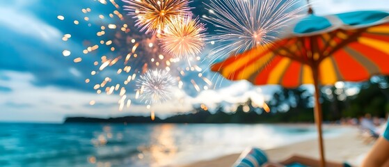Poster - Breathtaking scene of bright colorful fireworks bursting over the ocean during a lively beach festival with the explosions illuminating the sky and water in a stunning coastal