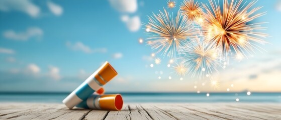Poster - Vibrant and Colorful Fireworks Bursting Brightly over the Tranquil Ocean Waves during a Lively Beach Festival and Coastal