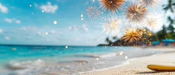 Poster - Vibrant Fireworks Explosions Illuminating the Sky and Water During a Lively Beach Festival Along the Coastal Shoreline