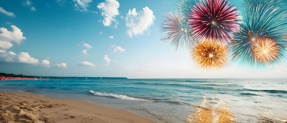 Poster - Dazzling fireworks exploding in a vibrant display of colors over the tranquil ocean creating a spectacular coastal during a lively beach festival