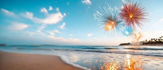 Poster - Colorful Fireworks Bursting in the Night Sky Over a Tranquil Beachfront Festival Reflections Shimmering on the Calm Ocean Waters Creating a Spectacular Coastal
