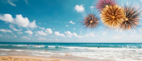 Poster - Captivating fireworks display lighting up the night sky over the ocean with vibrant bursts of color reflecting off the calm coastal waters during a lively seaside festival
