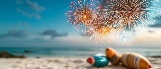Poster - Colorful bursts of fireworks lighting up the night sky their reflection shimmering on the tranquil ocean waters during a lively coastal festival