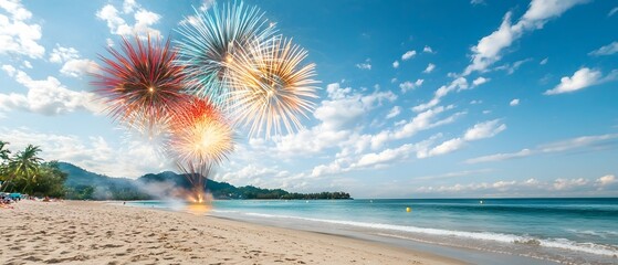 Poster - Vibrant and Colorful Fireworks Exploding Dramatically Over the Ocean During a Lively Seaside Festival with Stunning Reflections Lighting Up the Beach in a Captivating Coastal