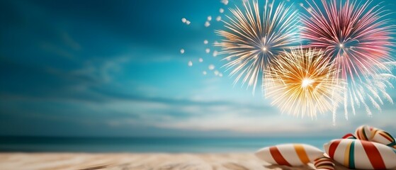 Poster - A breathtaking scene of colorful fireworks bursting against the night sky their vibrant reflections dancing across the calm serene waters of the coastal ocean