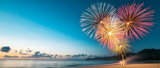 Poster - Mesmerizing fireworks display lighting up the calm night sky and serene ocean waters creating a breathtaking coastal scene