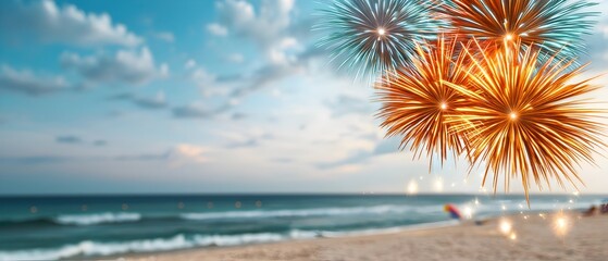 Poster - Mesmerizing display of vibrant fireworks bursting over the serene ocean and beach during a magical coastal festival at night