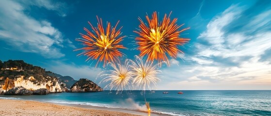 Poster - Dazzling fireworks bursting over the serene ocean illuminating the coastal with vibrant colors and reflecting on the calm water during a magical night festival