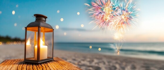 Poster - Vibrant Fireworks Bursting Over the Ocean at a Magical Seaside the Water and Beach During a Captivating Coastal Festival Night