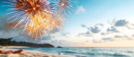 Poster - Mesmerizing display of vibrant fireworks bursting above the serene coastline lighting up the sea and creating a magical atmosphere for a coastal and beach festival