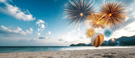 Poster - Spectacular fireworks display illuminating the night sky and coastal scenery creating a magical atmosphere for a beachfront festival or holiday