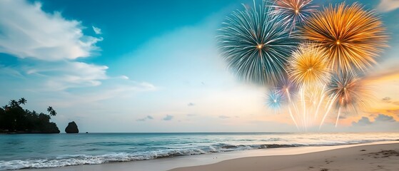 Poster - Captivating Coastal with Colorful Fireworks Explosions Reflecting off the Calm Ocean Water Creating a Breathtaking Seaside Spectacle