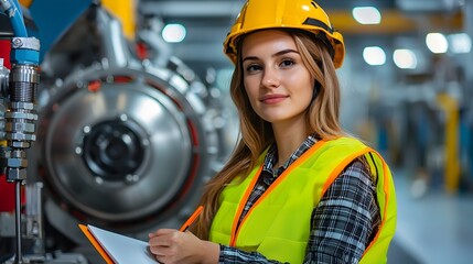Aufkleber - Professional Engineer in Yellow Vest and Safety Helmet Sitting with Notebook Focused on Work in an Engine Room with Industrial Machinery and Equipment