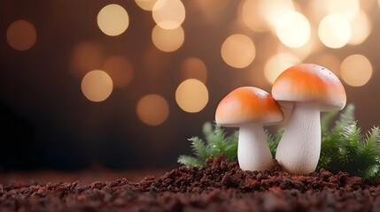 Poster - Captivating close up shot of white and orange mushrooms thriving in a serene forest setting enhanced by a warm softly blurred bokeh background that captures the tranquil essence of nature