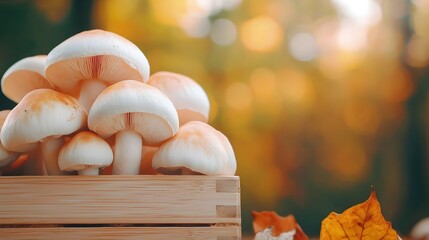 Poster - Captivating close up of vibrant white and orange mushrooms nestled in a serene forest setting enhanced by a warm