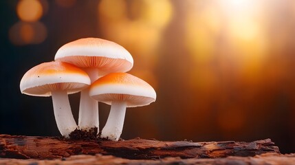 Poster - Captivating close up view of white and orange mushrooms thriving in a serene lush forest setting enhanced by a warm