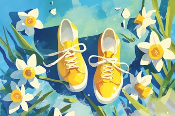 Colorful sticker design featuring two bright yellow shoes set against a vibrant green and blue background, surrounded by cheerful daffodils.