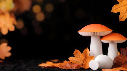Poster - Captivating close up of white and orange cap mushrooms sprouting from the forest floor surrounded by soft dreamy bokeh lighting filtering through the lush foliage