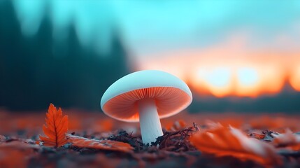 Poster - Closeup shot of delicate white and orange mushrooms thriving in a tranquil forest setting with a warm blurred bokeh background that enhances the natural beauty and calmness of the scene