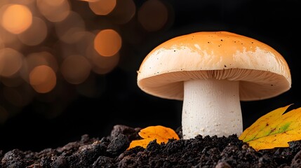 Poster - Dreamy bokeh light in the background as white and orange cap mushrooms thrive on a moist forest floor creating a magical natural landscape perfect for photos