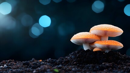 Poster - Dreamy hazy bokeh light frames a magical natural landscape of white and orange cap mushrooms thriving on the moist lush forest floor creating an ethereal serene scene perfect for photography