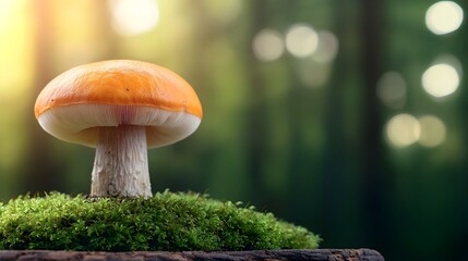 Poster - Glowing forest mushrooms with orange and white caps growing among lush green moss with a soft blurred background of trees and sunlight creating a calm serene atmosphere