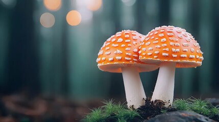 Poster - Whimsical woodland scene with vibrant white and orange mushrooms growing under the canopy of tall trees with a dreamy ethereal created by the soft bokeh like lights in the background