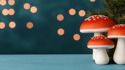 Poster - Whimsical woodland scene with white and orange cap mushrooms growing under tall trees with dreamy bokeh like lights in the background adding depth and charm to the peaceful natural setting