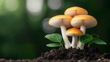 Poster - Vibrant orange and white capped mushrooms growing under the lush forest foliage creating a sense of wonder in the dreamy blurred bokeh background