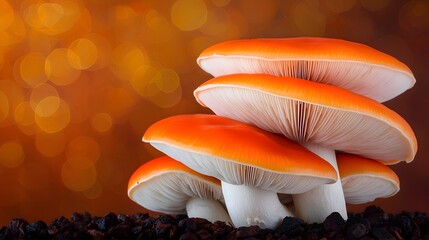 Aufkleber - Enchanting orange and white cap mushrooms nestled in a dreamy mystical forest wonderland surrounded by a soft bokeh filled ambiance that creates a serene and tranquil atmosphere