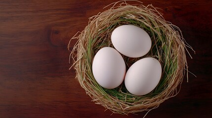 Aufkleber - Three pristine white chicken eggs resting in a cozy nest woven from straw and grass with soft natural lighting creating a warm inviting countryside atmosphere