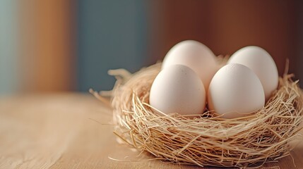 Aufkleber - Rustic scene featuring a nest of white eggs resting amidst a bed of straw and grass with soft shadows and warm lighting highlighting the natural simplicity and tranquility of a farm setting