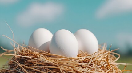 Poster - White chicken eggs arranged in a nest made of dried straw and grass with soft warm sunlight filtering through to create a farm fresh rustic aesthetic perfect for photography purposes