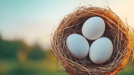 Aufkleber - Soft natural light beautifully highlighting a nest of white eggs placed on a bed of straw and grass creating a calm and rustic farm scene perfect for photography and lifestyle imagery
