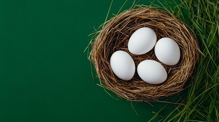 Aufkleber - Soft natural lighting highlights white eggs delicately placed in a nest of straw and grass creating a calm rustic and serene farm scene perfect for photography and various design applications