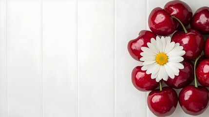 Poster - Vibrant red cherries and a delicate white daisy flower resting on a clean white surface creating a balanced and harmonious composition perfect for nature food and still life images