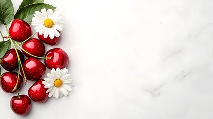 Poster - Vibrant red cherries arranged alongside a beautiful white daisy on a soft white background creating a light and cheerful image perfect for a variety of uses in advertising marketing and design