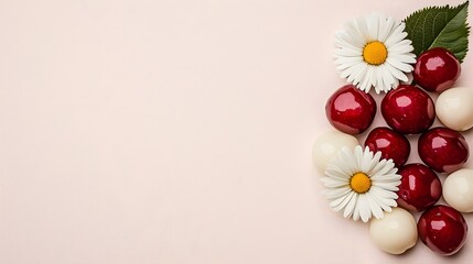 Poster - Vibrant Red Cherries Artfully Arranged Alongside a Beautiful White Daisy on a Soft Minimalist Background for Light and Cheerful Images