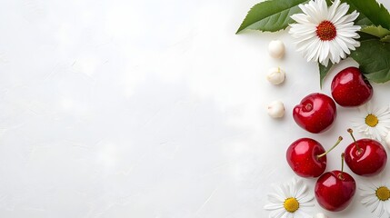 Poster - Striking image of ripe juicy red cherries artfully arranged with a beautiful white daisy flower against a clean minimalist white studio background