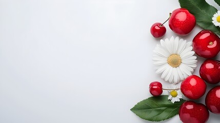 Poster - Vibrant red cherries and a delicate white daisy flower resting on a clean minimalist white surface creating a balanced and elegant composition for nature and food themed imagery