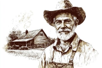 Portrait of a Farmer: Vintage Rural Scene on White Background illustration