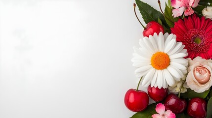 Poster - A soft vibrant contrast of a single white daisy flower nestled among fresh plump cherries on a plain pristine white background