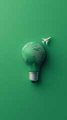 illustration of the earth in the shape of a light bulb with an aeroplane around it, minimalist composition, solid green background