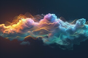 Poster - Abstract colorful particles flowing forming cloud shape on dark blue background