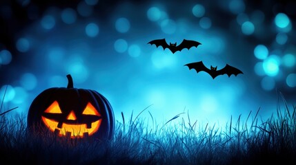 Halloween holiday carved pumpkin with bats flying