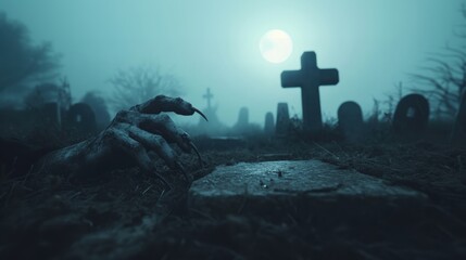 Spooky scaring monster hand breakout of ground in graveyard with fog tombstone cross